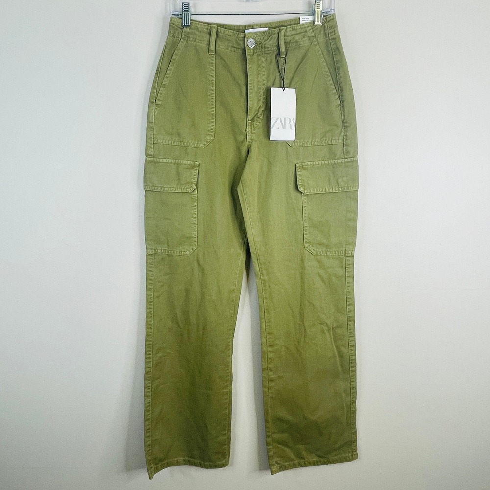 Zara Cargo Pants Womens NWT 4 Olive Streetwear Wide Leg High Rise Multi Pocket